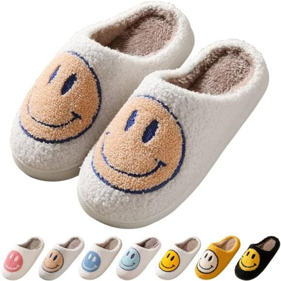 NEW Smile Face Slippers for Women – Retro Happy Face Plush Slippers, Soft & - Picture 2 of 7